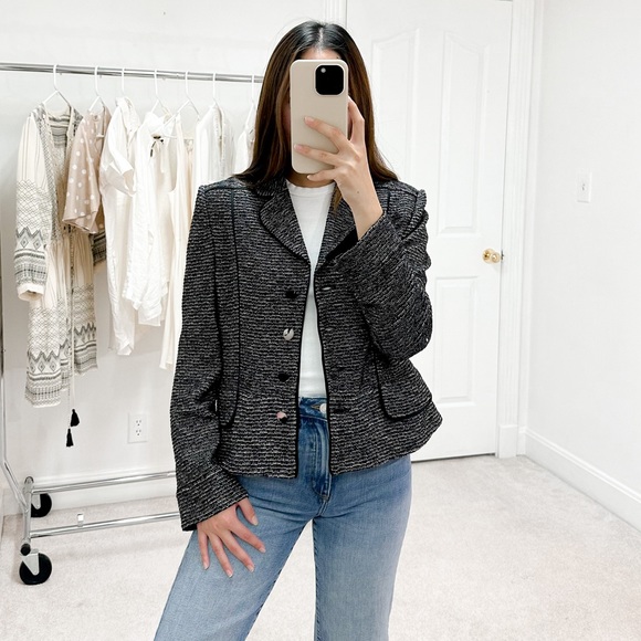 St. John Evening Metallic Knit Button Front Jacket in Black - Picture 1 of 10